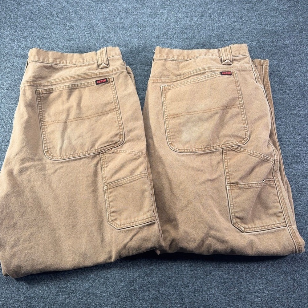 Lot (2) Wolverine Mens Carpenter Pants 40x30 Brown Canvas Work Utility